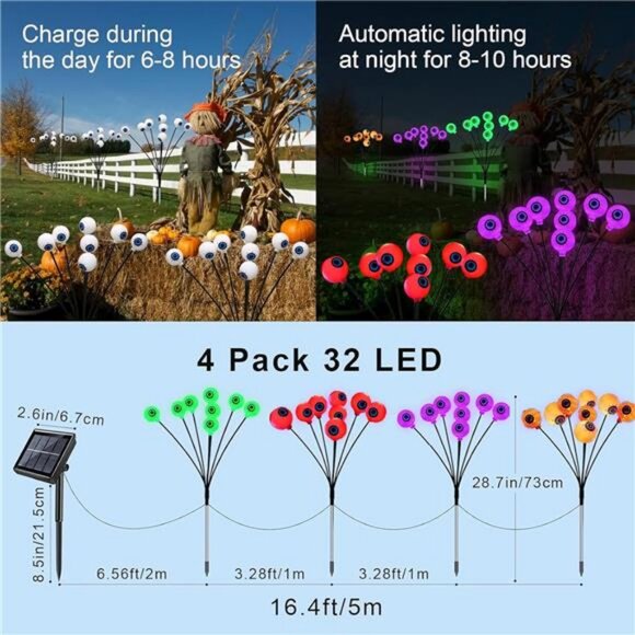 Halloween Solar Eyeball Lights Outdoor Waterproof 4 Pack 32 LED Scary Spooky - Picture 3 of 7